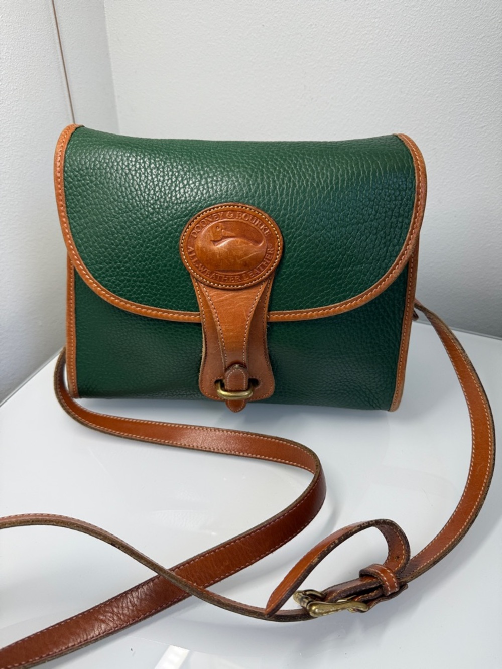 Vintage Dooney & Bourke Essex - Green Pebbled Leather Crossbody with Brown Trim